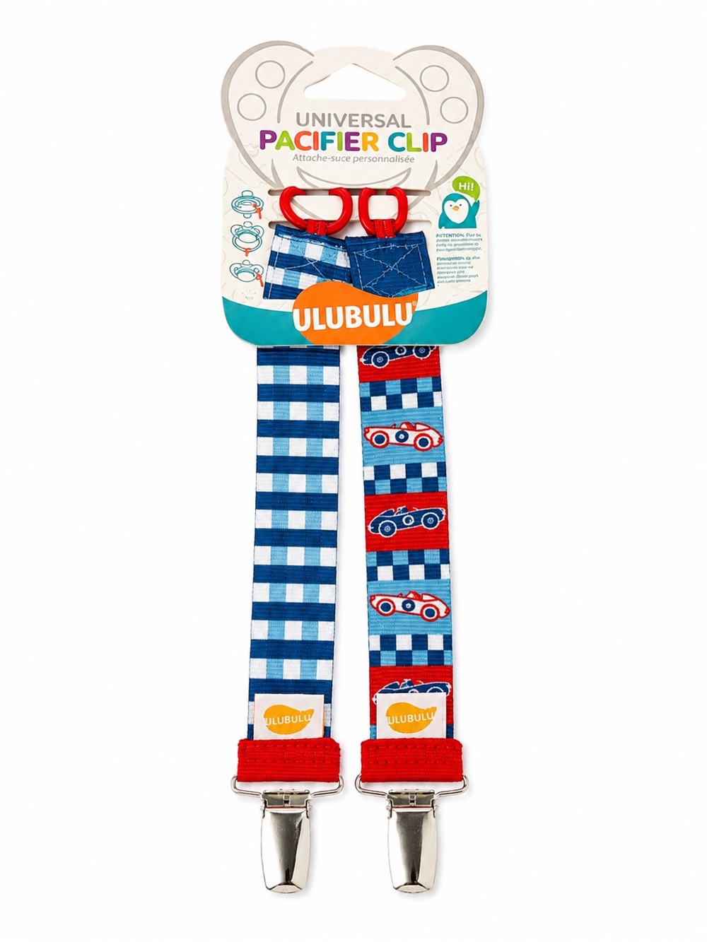 Ulubulu Blue & Red Checkered Pacifier Clip with Car Print